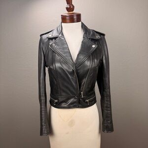 Sandro Paris 100 % Lamb Leather Cropped Black Moto Biker Jacket Sz 1